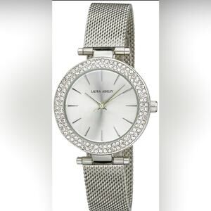 NEW Laura Ashley WATCH Ladies Silver TBar Crystal Bezel Mesh Band Buckle Strap